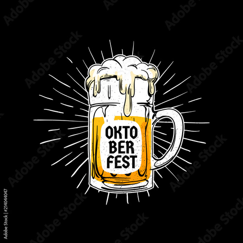 Oktoberfest vintage logo badge. Munich beer festival concept. Old style hand drawn full glass of beer with text label and sun rays background. vector illustration for poster, banner, sticker design.