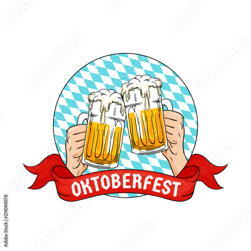 Two hands holding full glass of bear toasting. Oktoberfest munich beer festival concept. retro old style hand drawn with bavarian flag pattern and ribbon vector design. Logo, badge, sticker, icon.