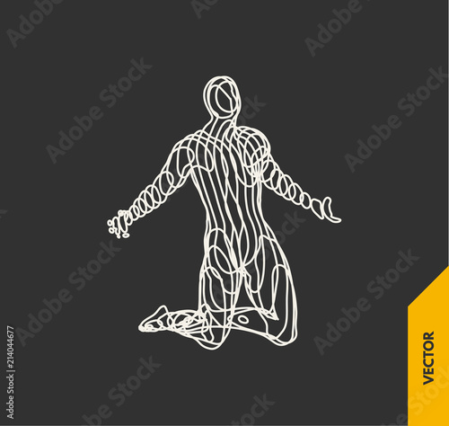 Man who prays. 3d model of man. Vector illustration. Wire connection to virtual reality.