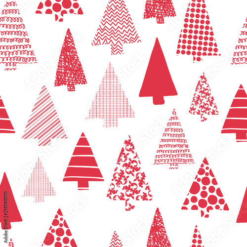 Christmas trees modern vector seamless pattern. Red Christmas tree silhouettes on a white background. Perfect for Christmas cards, gift wrap, fabric, and packaging.