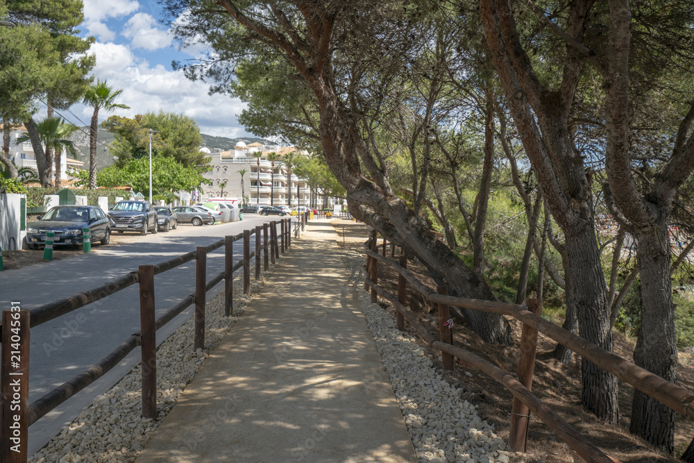 Wooden path on a coastline near a beach Alcossebre Valencia Spain.