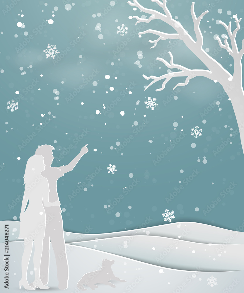 Concept of love in winter season on paper art scene abstract background,couple standing on snow with dog,for holiday,celebration party,Christmas or new year