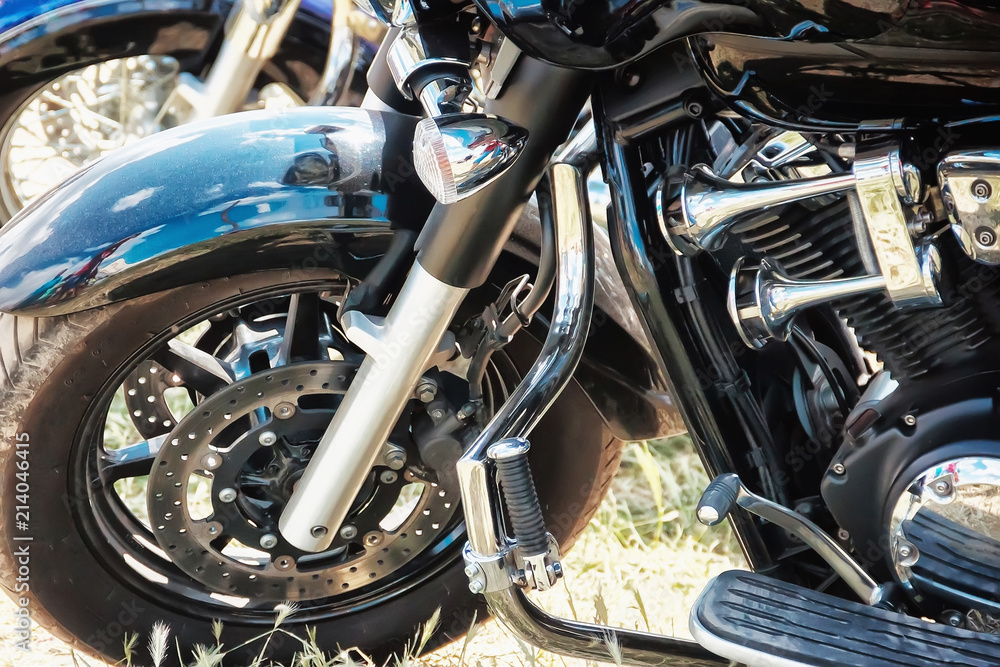 motorcycle bike, tuning details. Motorcycle, metal and chrome parts, beautiful background for poster, flyer,