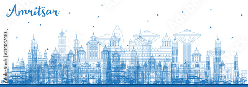 Outline Amritsar India City Skyline with Blue Buildings.