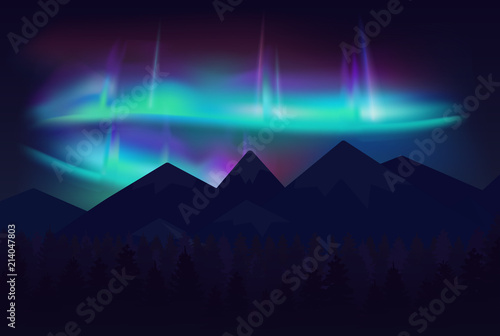 Vector beautiful northern lights aurora borealis in night sky over cartoon mountains.