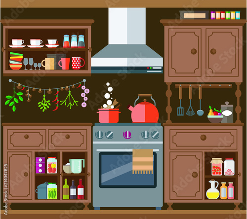 Old kitchen with buffet, gas stove and kitchen cabinets. Vector illustration on the theme of home interior.
