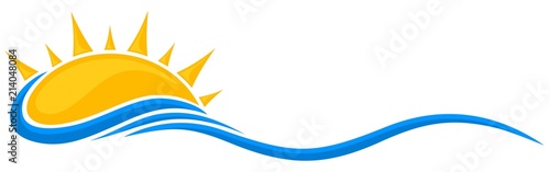 A symbol of dawn of the sun with a blue wave.
