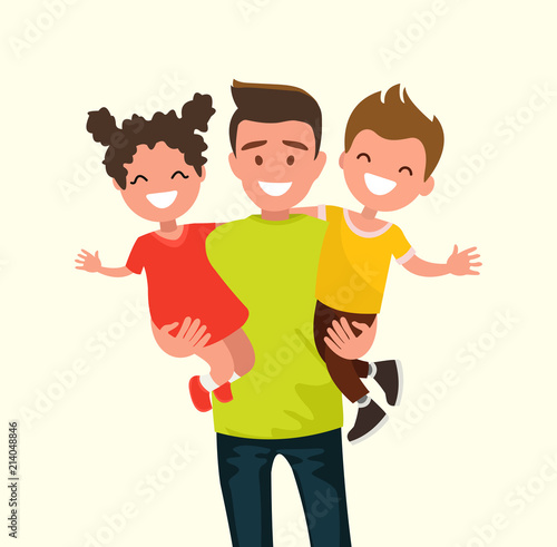 Happy Dad holding his son and daughter.