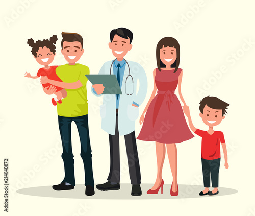 Family dentist or doctor. The stomatologist and his smiling patients.