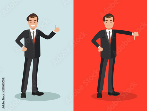 Likes and dislikes. Good and bad. Businessman showing gesture of approval and disapproval.