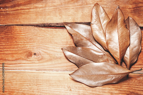 dry leaves on a wooden background, symbol of autumn