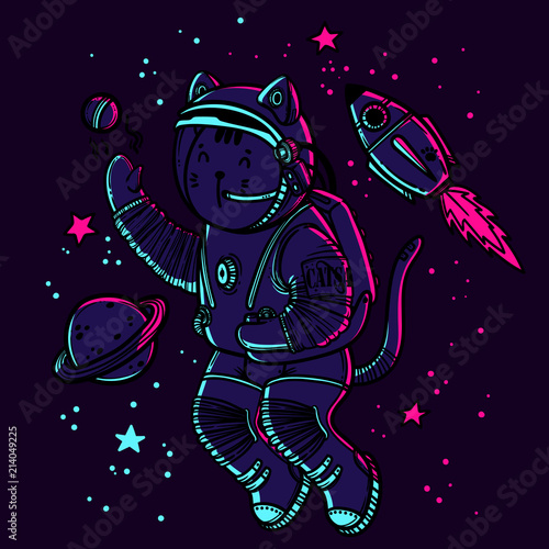 Vector illustration. Cat astronaut soaring in space. Comic style illustration.