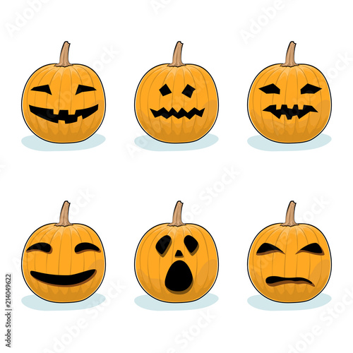 Set of Jack-o-Lantern on White Background, Carved Scary Pumpkins, Halloween Holiday , Vector Illustration