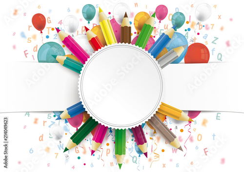 White Paper Banner Emblem Balloons Letters Colored Pencils
