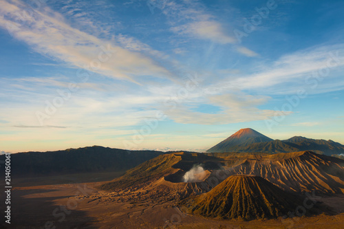  Bromo volcano at sunrise,Tengger Semeru National Park, East Java, Indonesia,Bird eye view. Morning sunrise in bromo mountain.