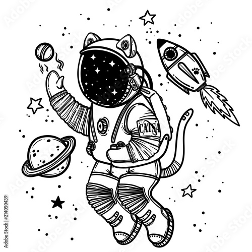 Vector illustration. Cat astronaut soaring in space. Comic style illustration.