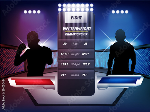 Empty Cage and battle martial arts fighting arena stage with red and blue white lighting:mma