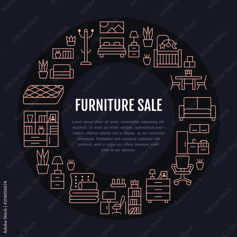 Furniture sale banner illustration with flat line icons. Living room