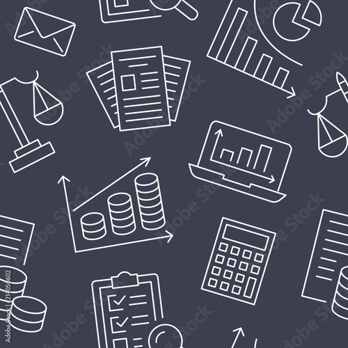 Financial accounting seamless pattern with flat line icons. Bookkeeping background, tax optimization, loan, payroll, real estate crediting. Accountancy, finance thin linear signs for legal services.