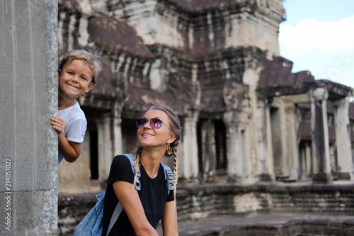 Wallpaper Mural Happy smiling mother and son together visiting Angkor, Cambodia Torontodigital.ca