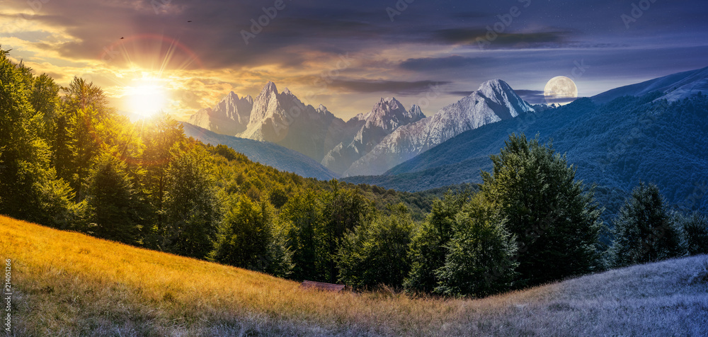 Fototapeta premium day and night composite of mountainous landscape