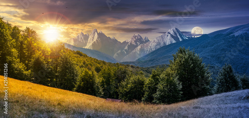 day and night composite of mountainous landscape photo