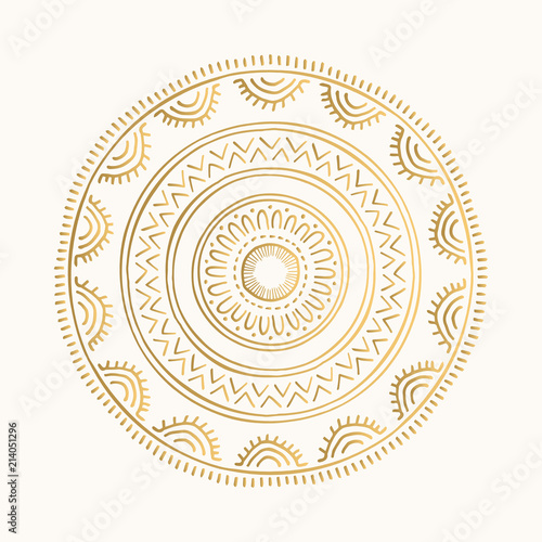 Golden oriental motifs. Hand drawn mandala design. Vector isolated ornament.