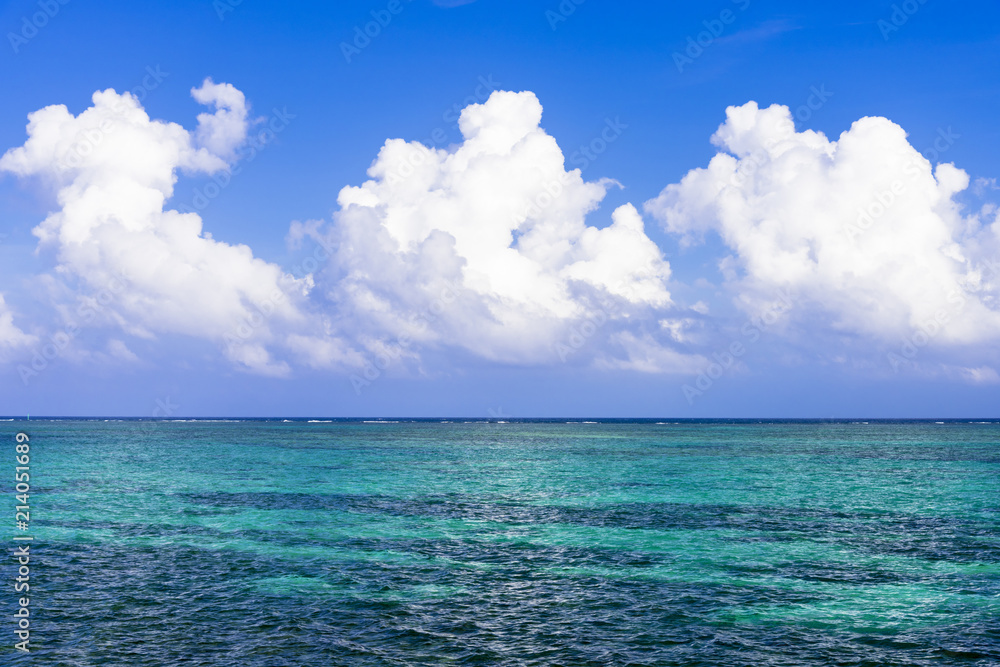 石垣島の入道雲と珊瑚礁の海