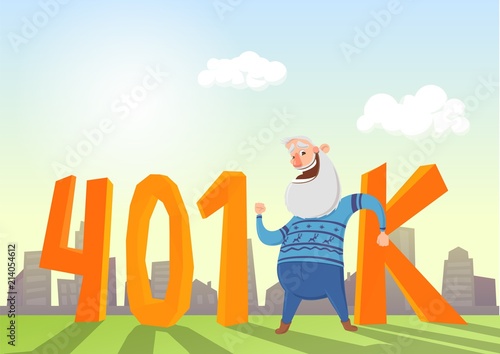 401K pension account, retirement. Happy elderly man in fron of letters and cityscape. Colored flat vector illustration.