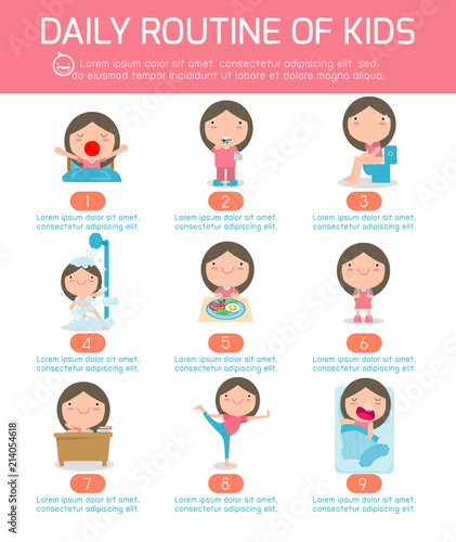 daily routine, daily routine of happy kids . infographic element. Health and hygiene, daily routines for children, Vector Illustration.