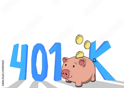 401K pension account, retirement. Concept with piggybank and letters. Colored flat vector illustration on white background.