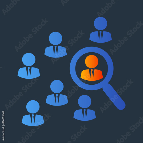 Icono plano busqueda en grupo en azul y naranja en fondo gris