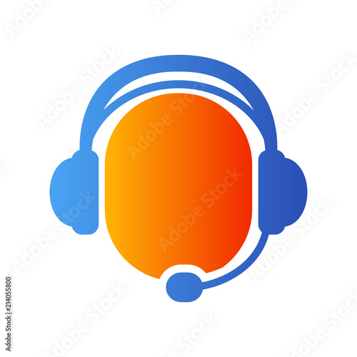 Icono plano símbolo operador con auriculares con micrófono en azul y naranja