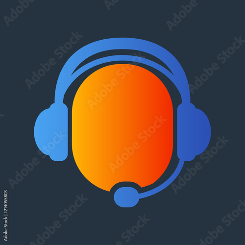 Icono plano símbolo operador con auriculares con micrófono en azul y naranja en fondo gris