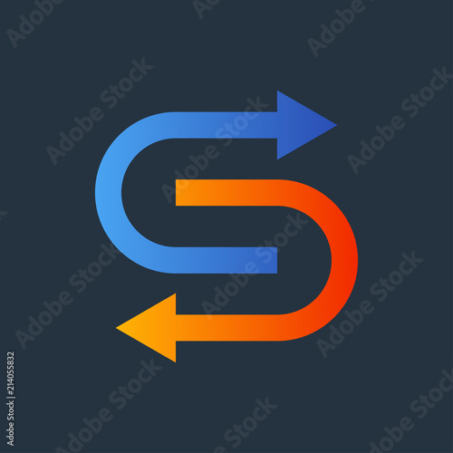 Logotipo flechas en rotacion en azul y naranja en fondo gris