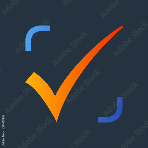 Logotipo casilla de verificación en azul y naranja en fondo gris
