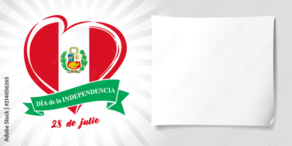 Love Peru poster with flag and spanish text Independence Day, 28 July. Peru Independence Day banner with heart in flag colors, green ribbon and white paper on beams background Love Peru poster with flag and spanish text Independence Day, 28 July. Peru Independence Day banner with heart in flag colors, green ribbon and white paper on beams background