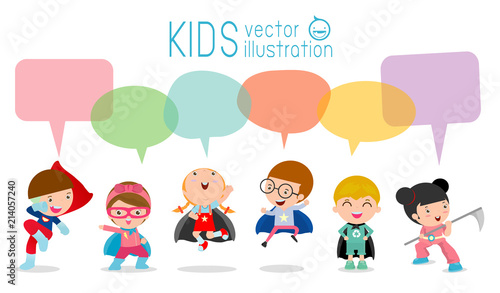 Cute superhero kids with speech bubbles, Set of  superhero child  with speech bubbles isolated on white background,Vector Illustration