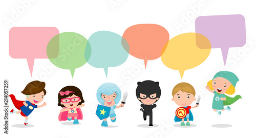 Cute superhero kids with speech bubbles, Set of  superhero child  with speech bubbles isolated on white background,Vector Illustration