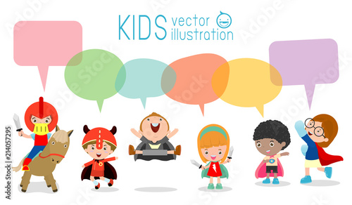 Cute superhero kids with speech bubbles, Set of  superhero child  with speech bubbles isolated on white background,Vector Illustration