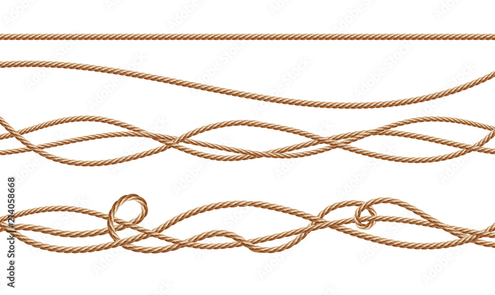 Vector 3d realistic fiber ropes - straight and tied up. Jute or hemp ...