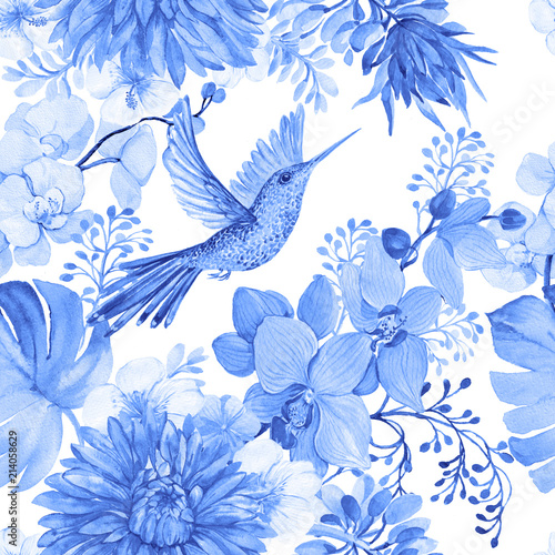 Seamless pattern of a Hummingbird and tropical flowers in shades of blue . illustration by watercolor