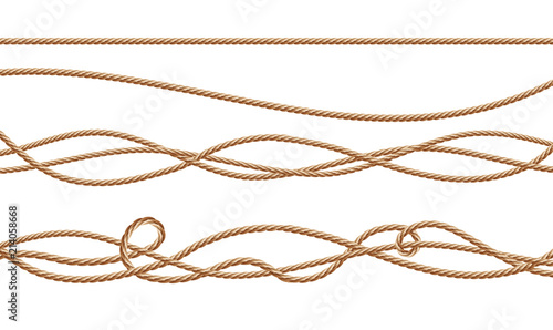 Vector 3d realistic fiber ropes - straight and tied up. Jute or hemp twisted cords with loops isolated on white background. Decorative elements with brown packthread.