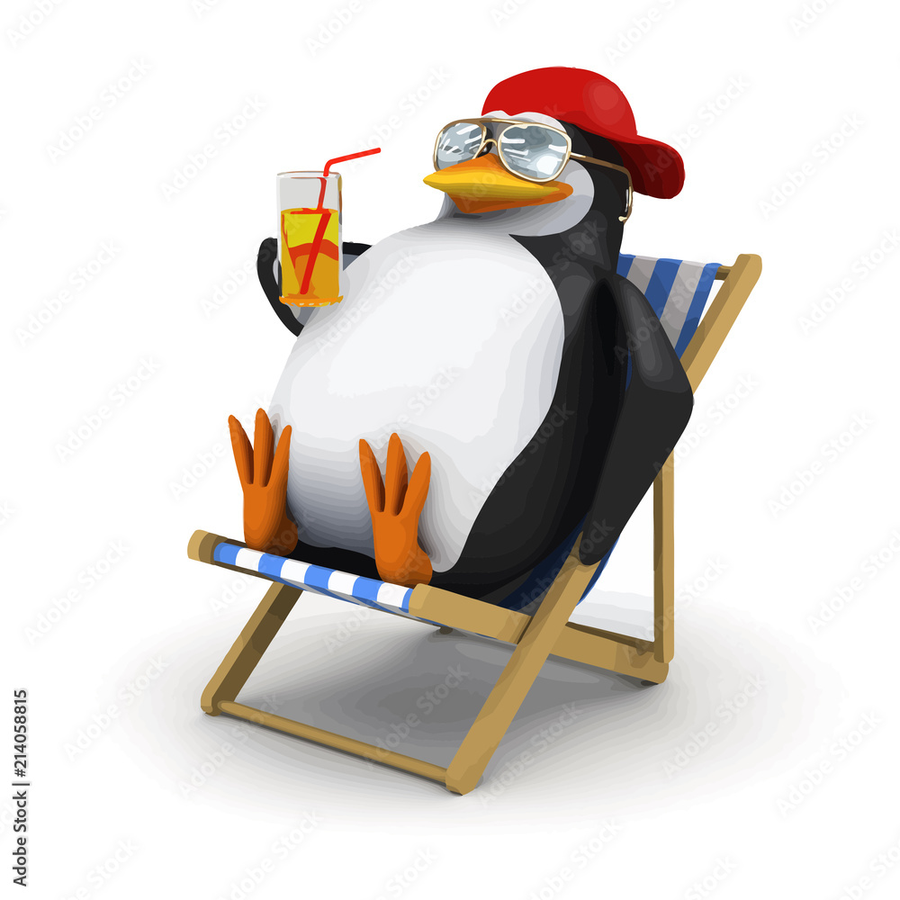 Fototapeta premium Vector 3d Penguin relaxes in deckchair