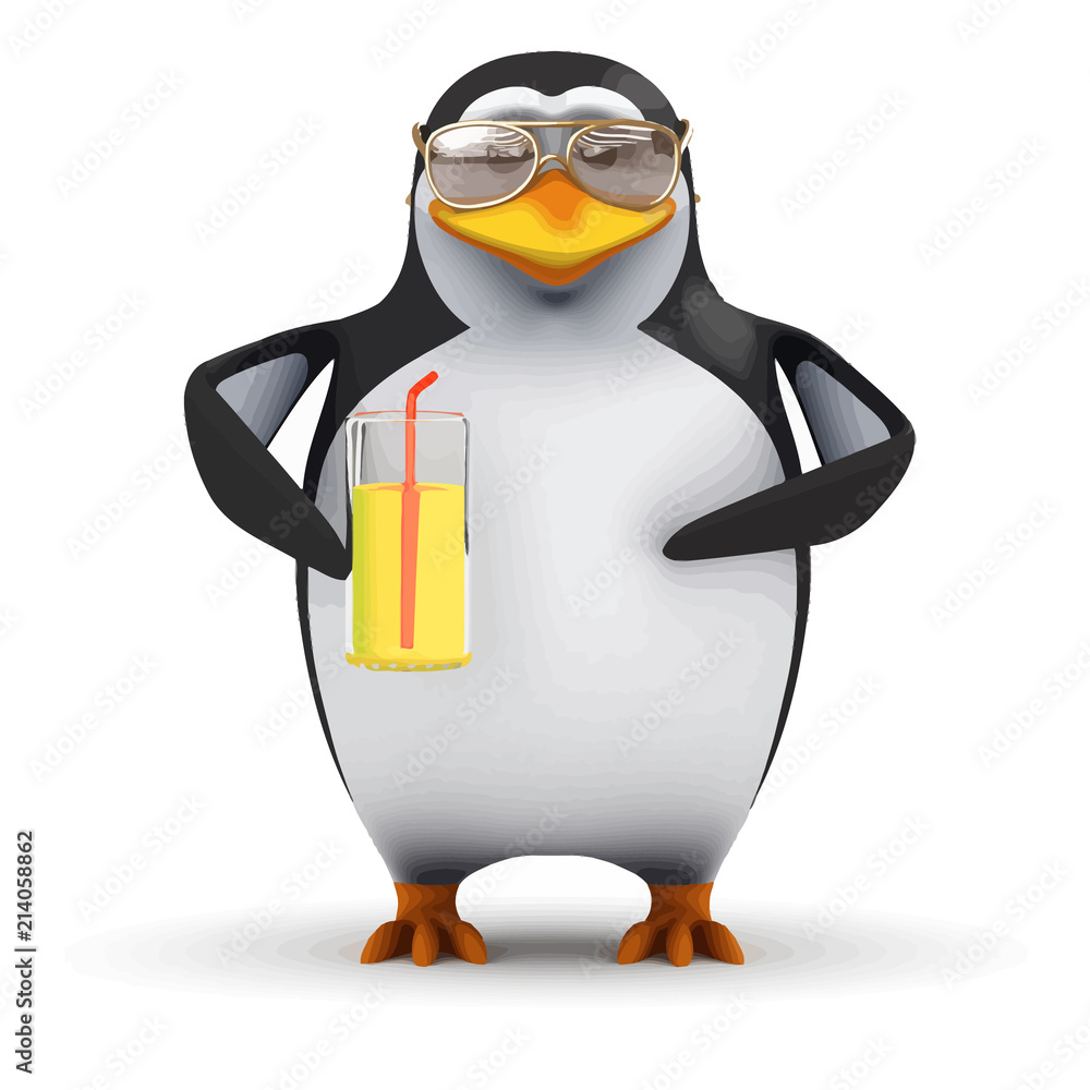 Vector 3d Funny cartoon penguin is drinking a nice cold glass of orange  juice Stock Vector | Adobe Stock