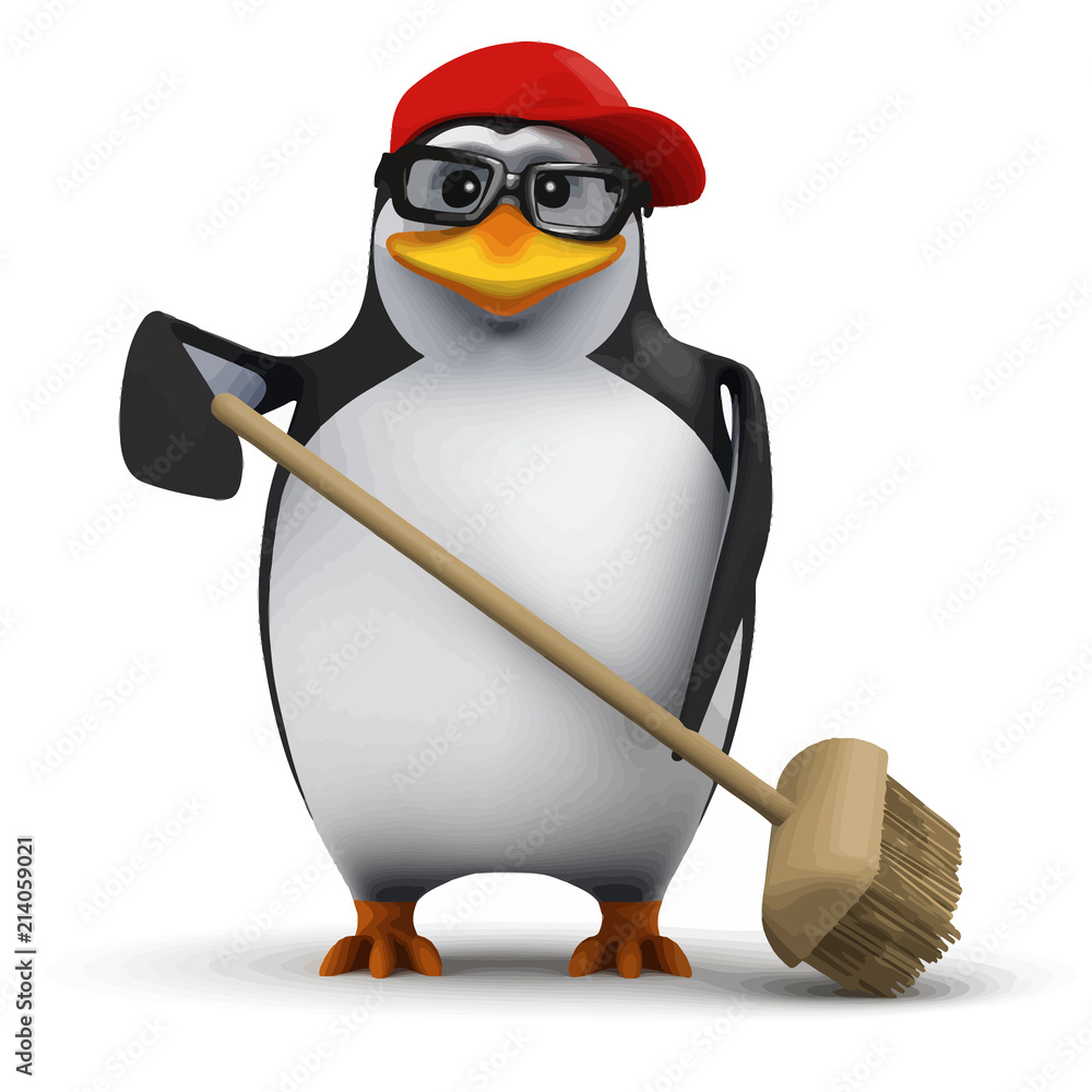 Fototapeta premium Vector 3d Funny cartoon penguin in a baseball cap is sweeping up with a broom