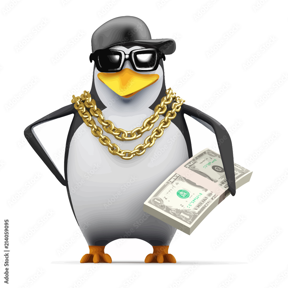 Obraz premium Wektor 3d pingwin raper trzyma dolary amerykańskie