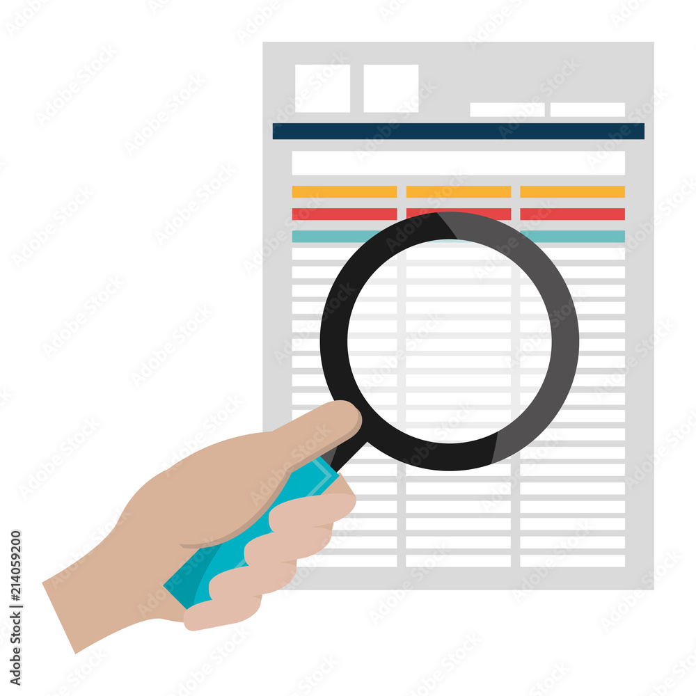 hand with magnifying glass and documents hand with magnifying glass and documents