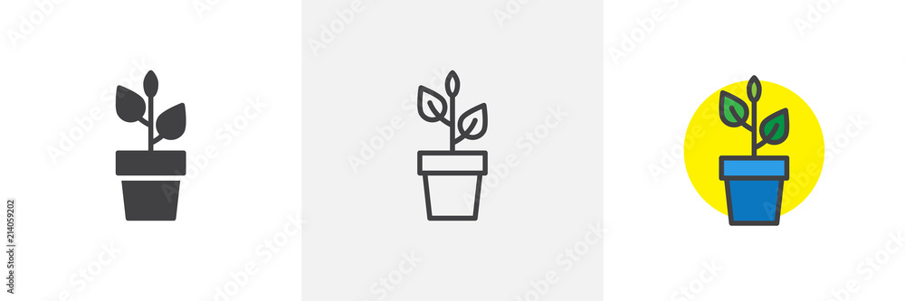 Plant in flower pot icon. Line, solid and filled outline colorful version, outline and filled vector sign. Home plant symbol, logo illustration. Different style icons set. Pixel perfect vector - obrazy, fototapety, plakaty 