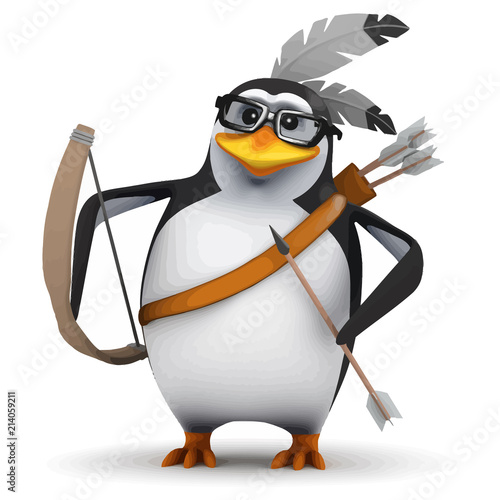Vector 3d Native American penguin has bow and arrow